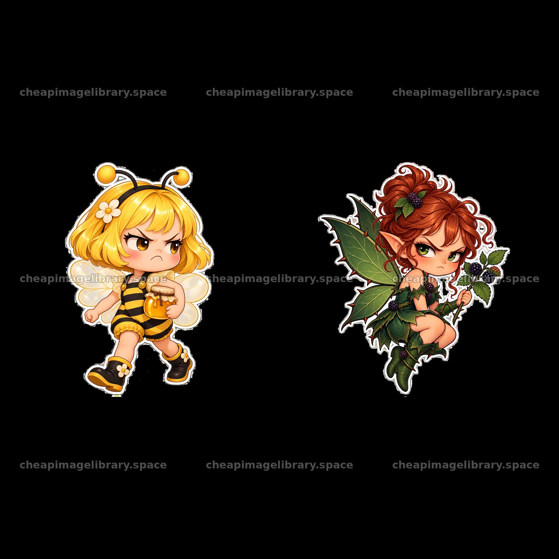 Kawaii grumpy fairy and bee character stickers in vibrant colors – image library 7746x7746