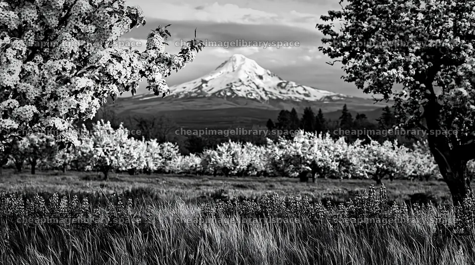 Spring orchard meadow with mountain in background – image library 10608x5938