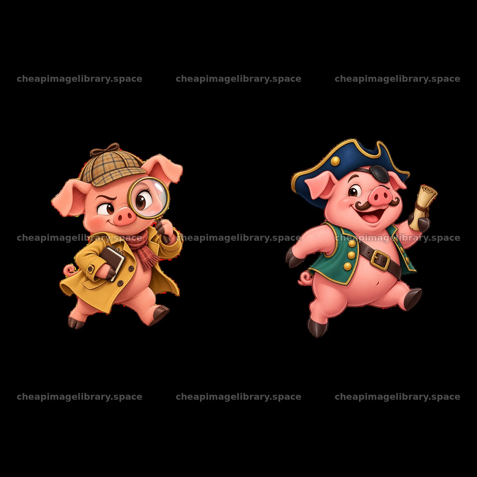 Detective pig and pirate pig characters in cartoon sticker design – image library 7746x7746