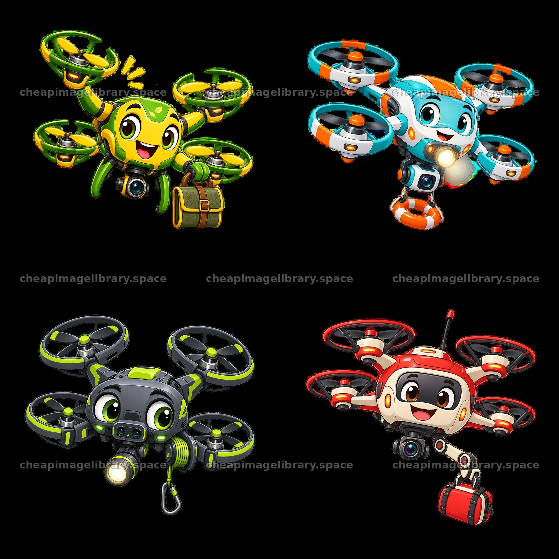 Colorful cartoon drones with accessories in a fun layout – image library 7746x7746