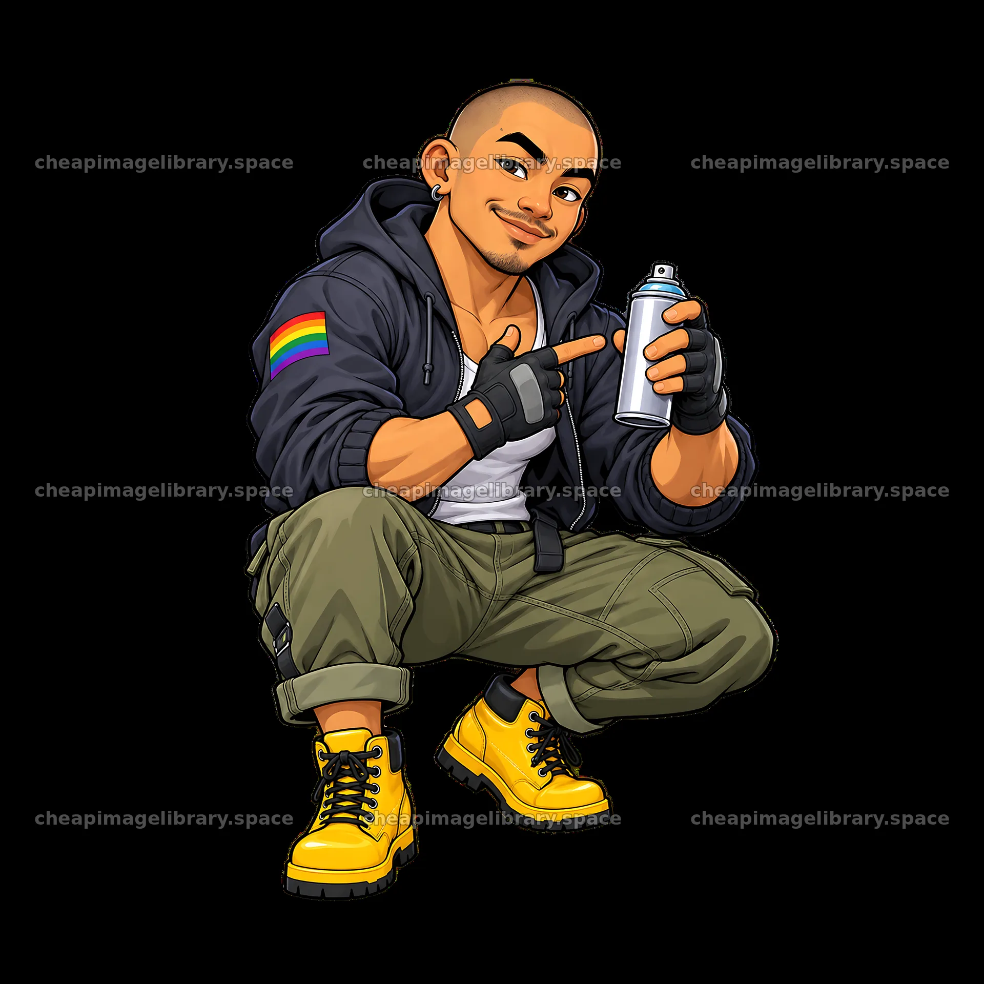 Gay graffiti spray painter with spray can and bright outfit – image library 7746x7746