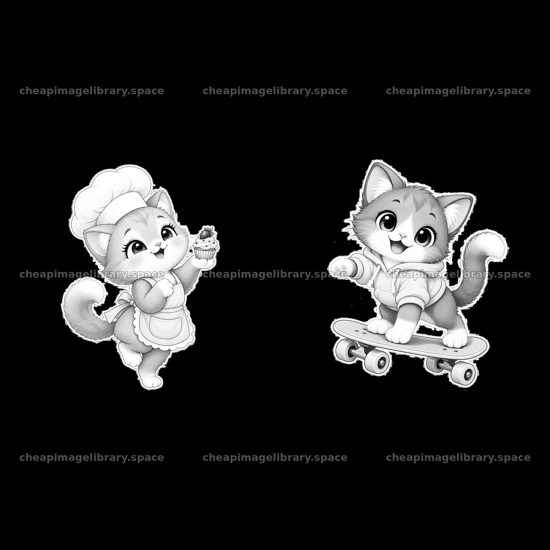 Kawaii cat chef with cupcake and cat skateboarder in black and white – image library 7746x7746