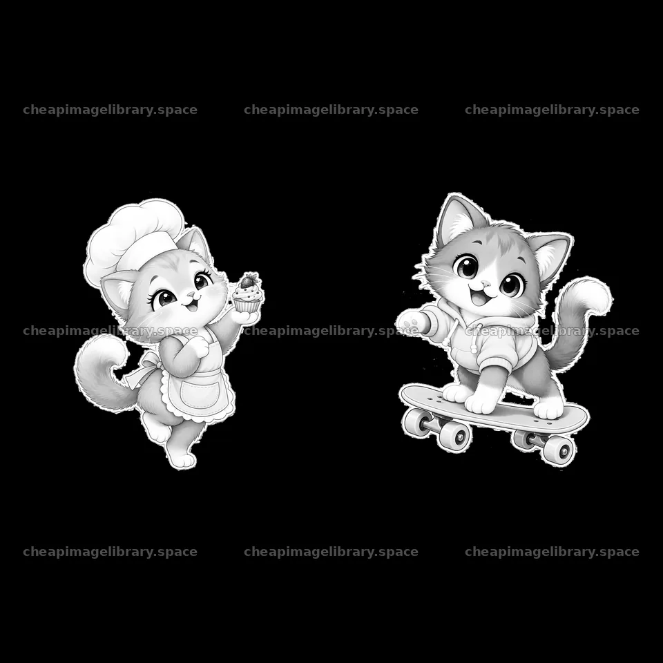 Kawaii cat chef with cupcake and cat skateboarder in black and white – image library 7746x7746
