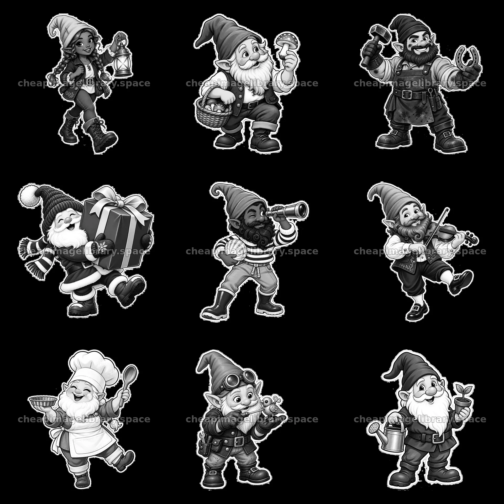 Diverse gnomes engaging in various activities in a 3x3 layout – image library 7746x7746
