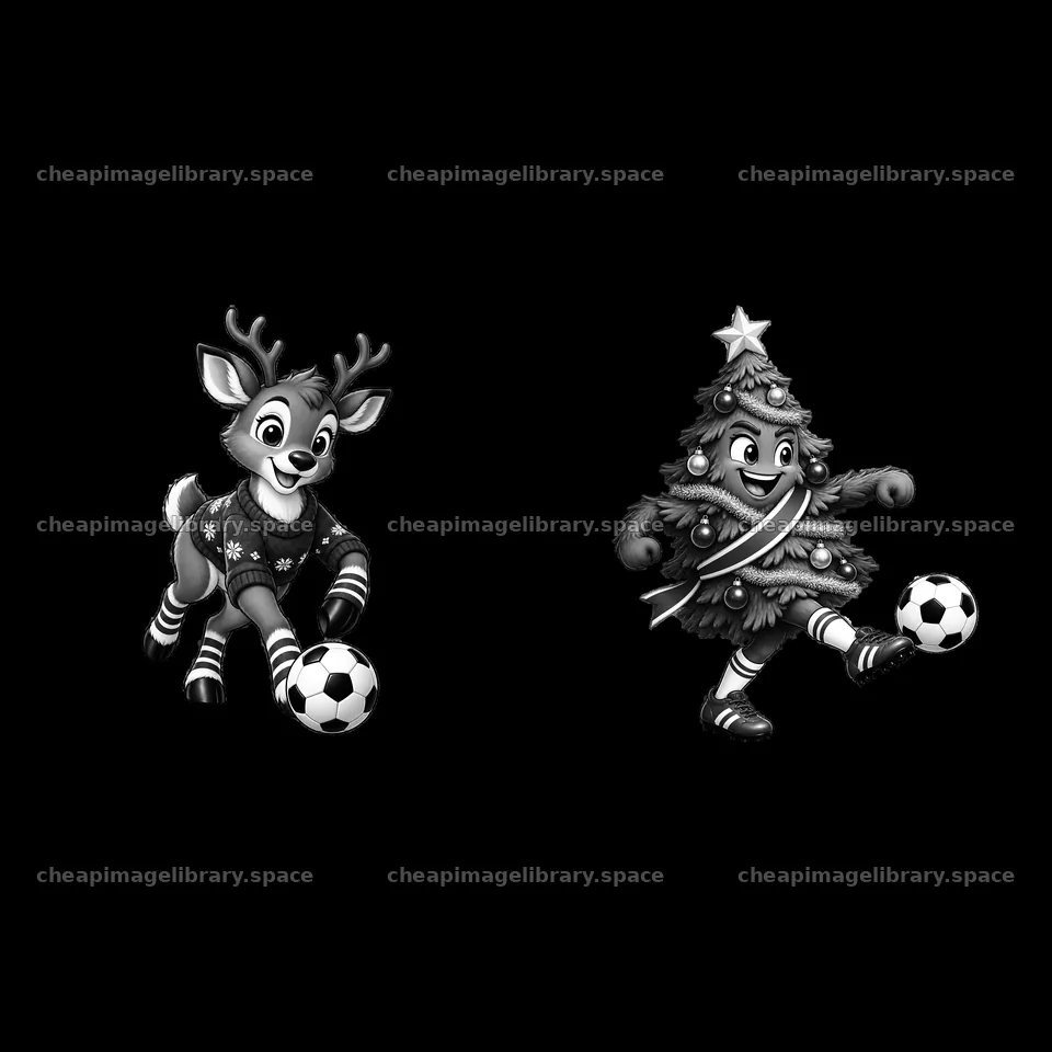 Christmas soccer deer and tree characters playing with a ball – image library 7746x7746