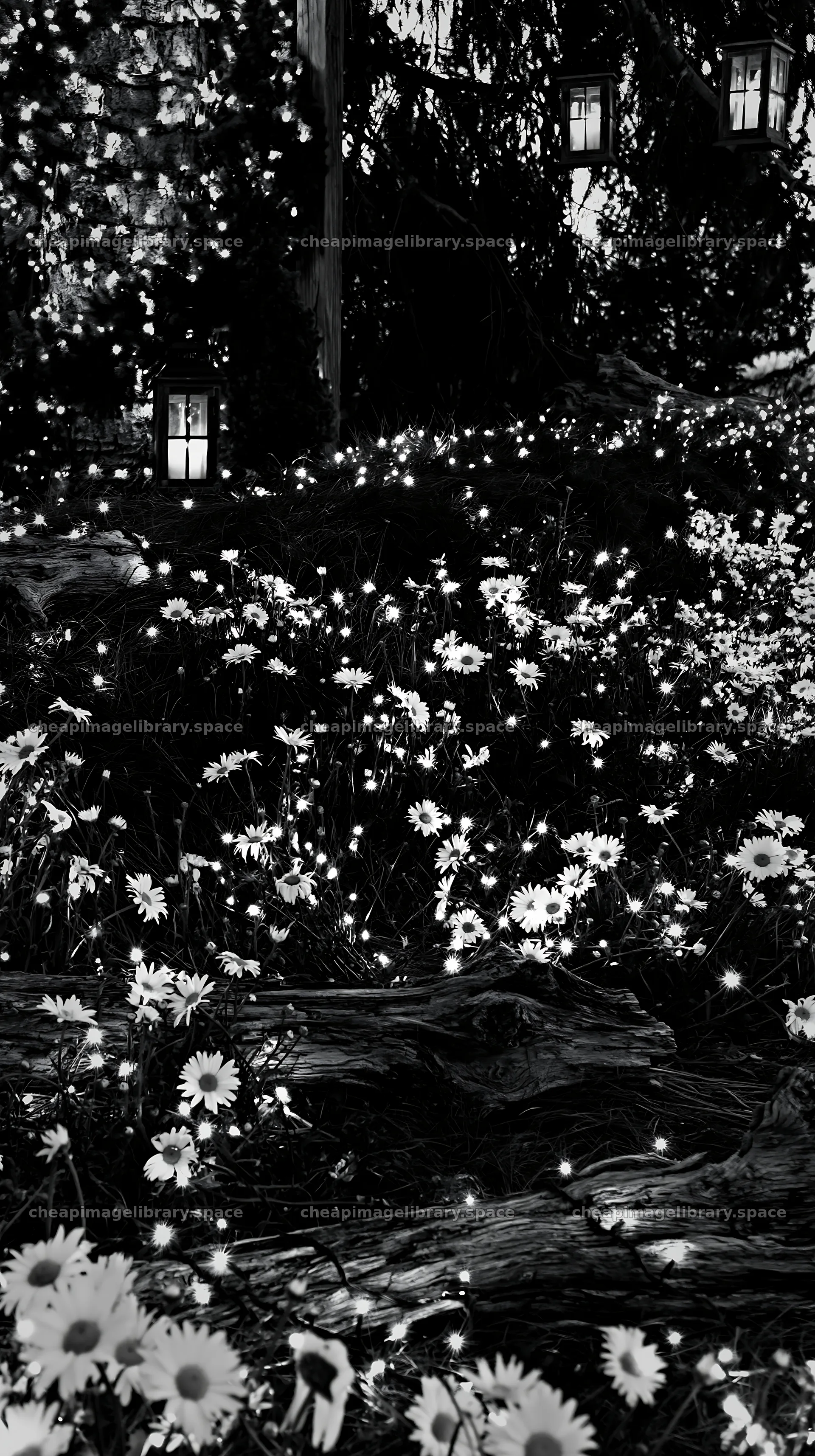 Expansive Christmas meadow with white daisies and lights – image library 5938x10608