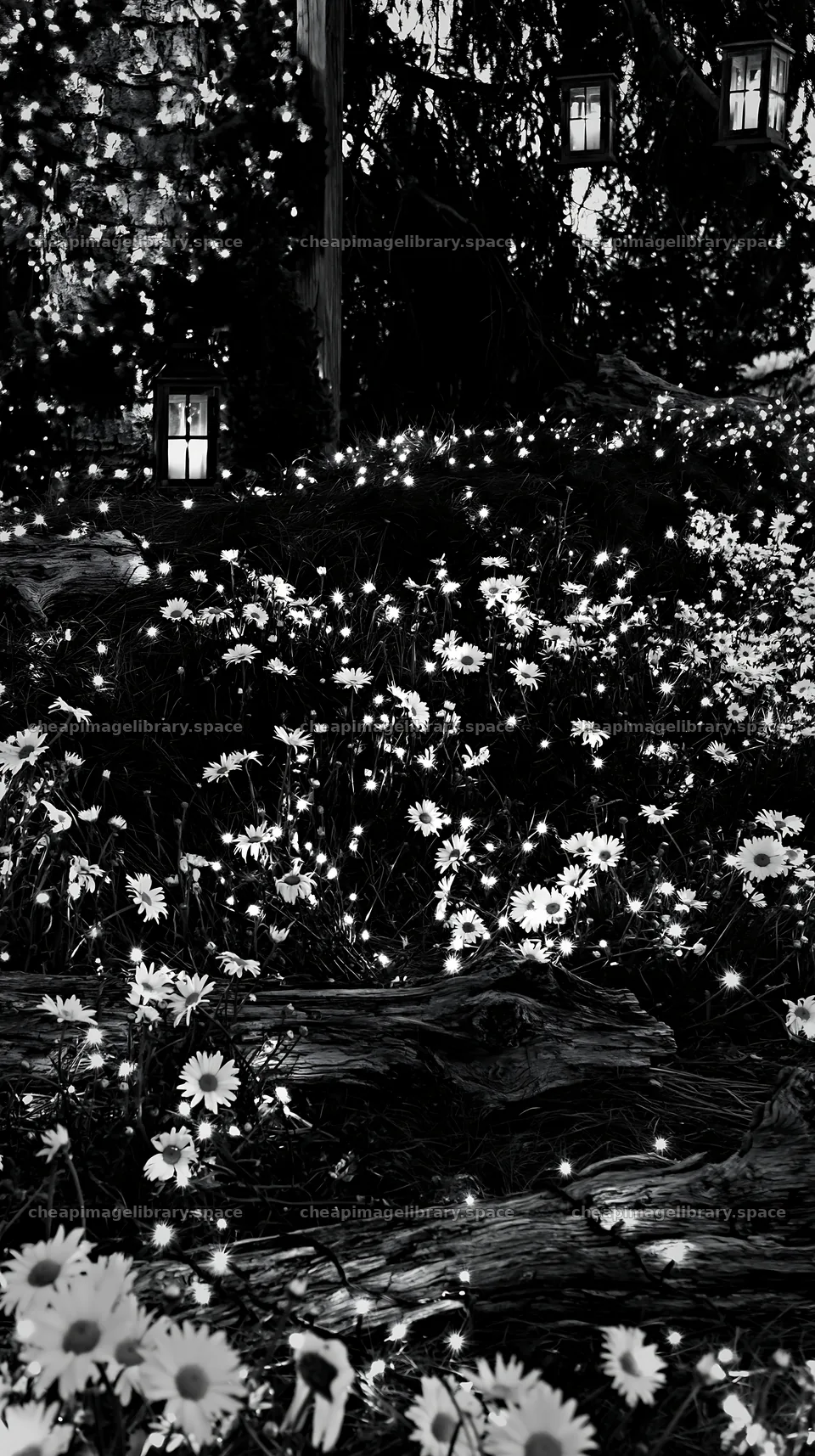 Expansive Christmas meadow with white daisies and lights – image library 5938x10608