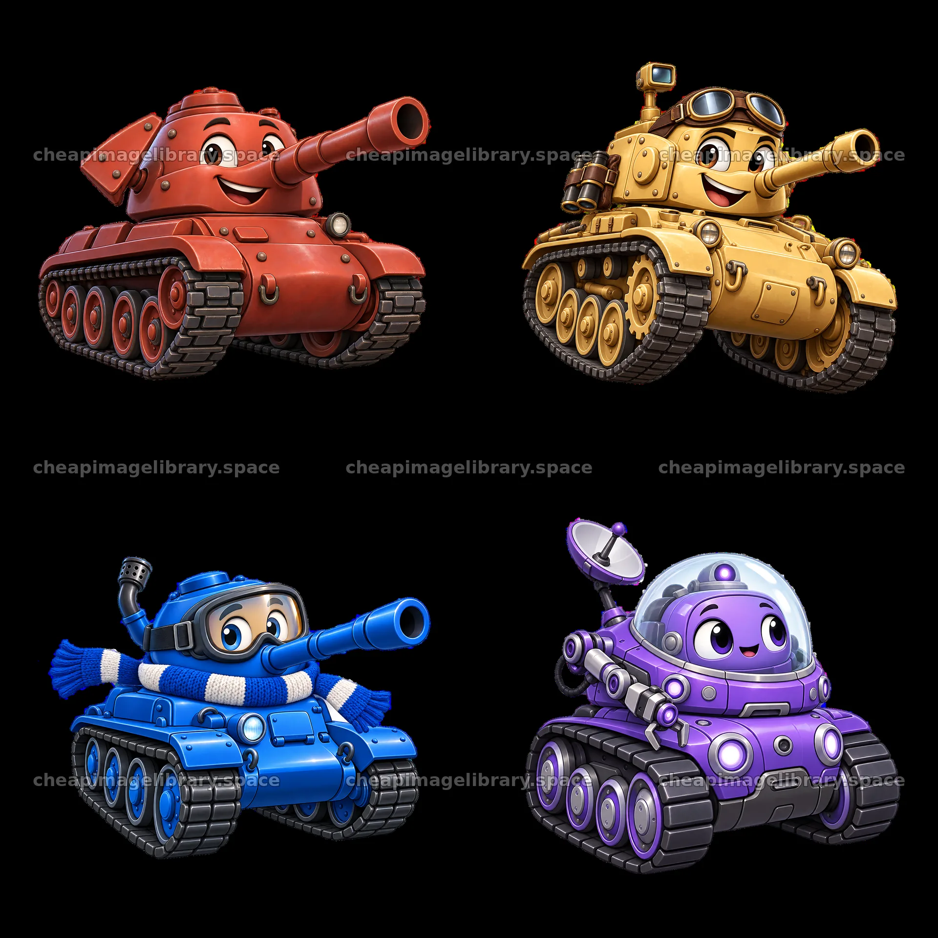 Cartoon tanks with friendly faces and vibrant colors in four corners – image library 7746x7746