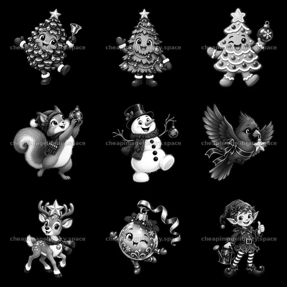 Cartoon Christmas characters with trees, animals, and decorations – image library 7746x7746