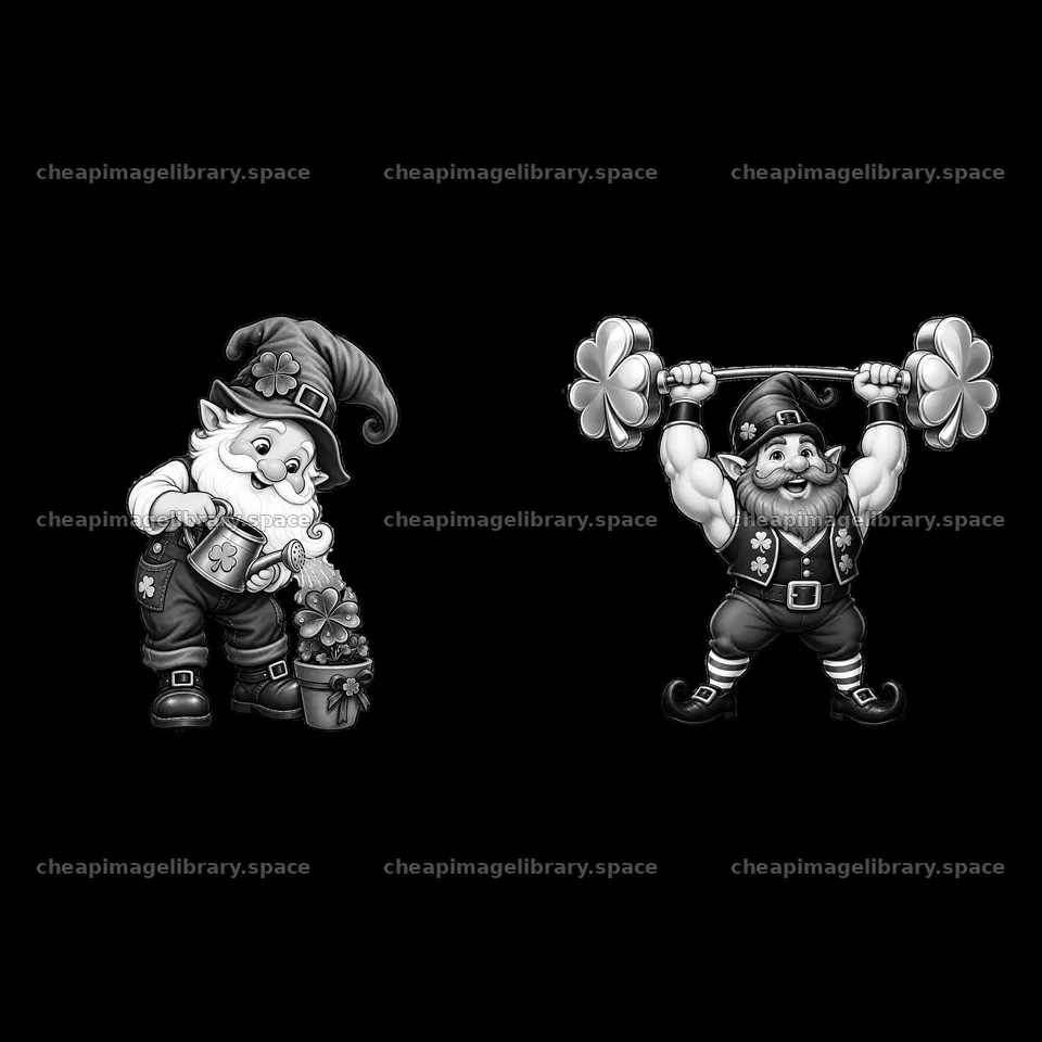 St. Patrick's Day gnomes holding clovers and a shamrock plant – image library 7746x7746