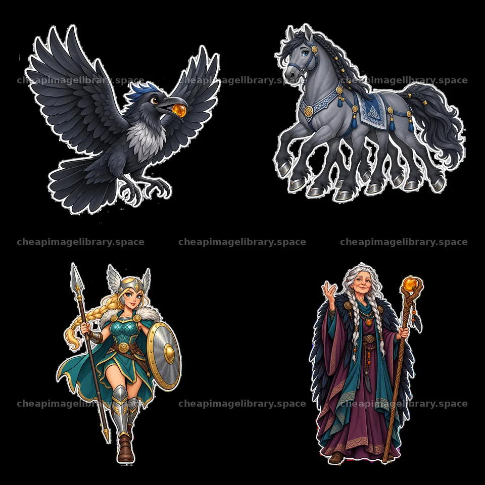 Odin the Norse All-Father with Valkyrie, horse, and raven stickers – image library 7746x7746