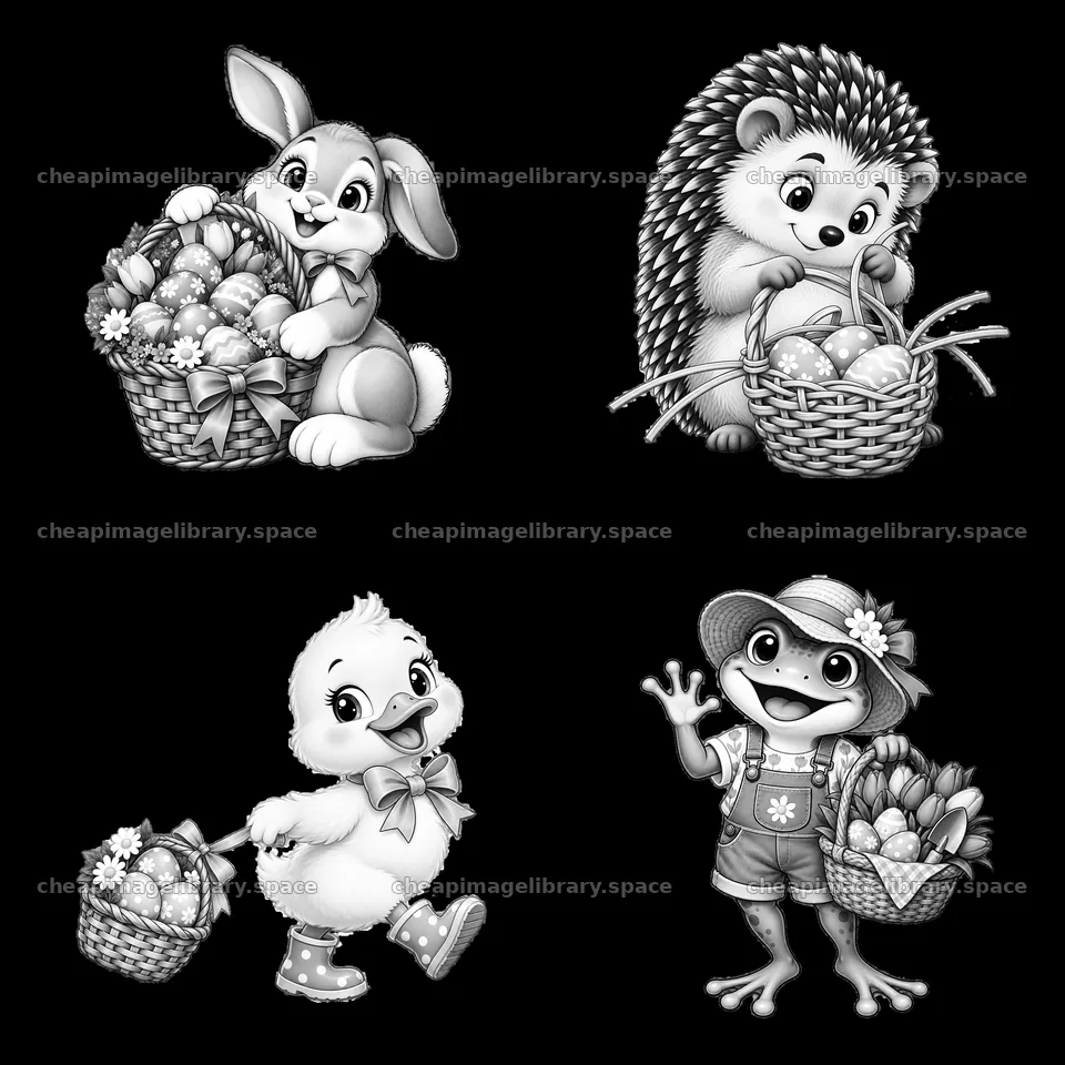Funny animals collecting Easter eggs in baskets – image library 7746x7746