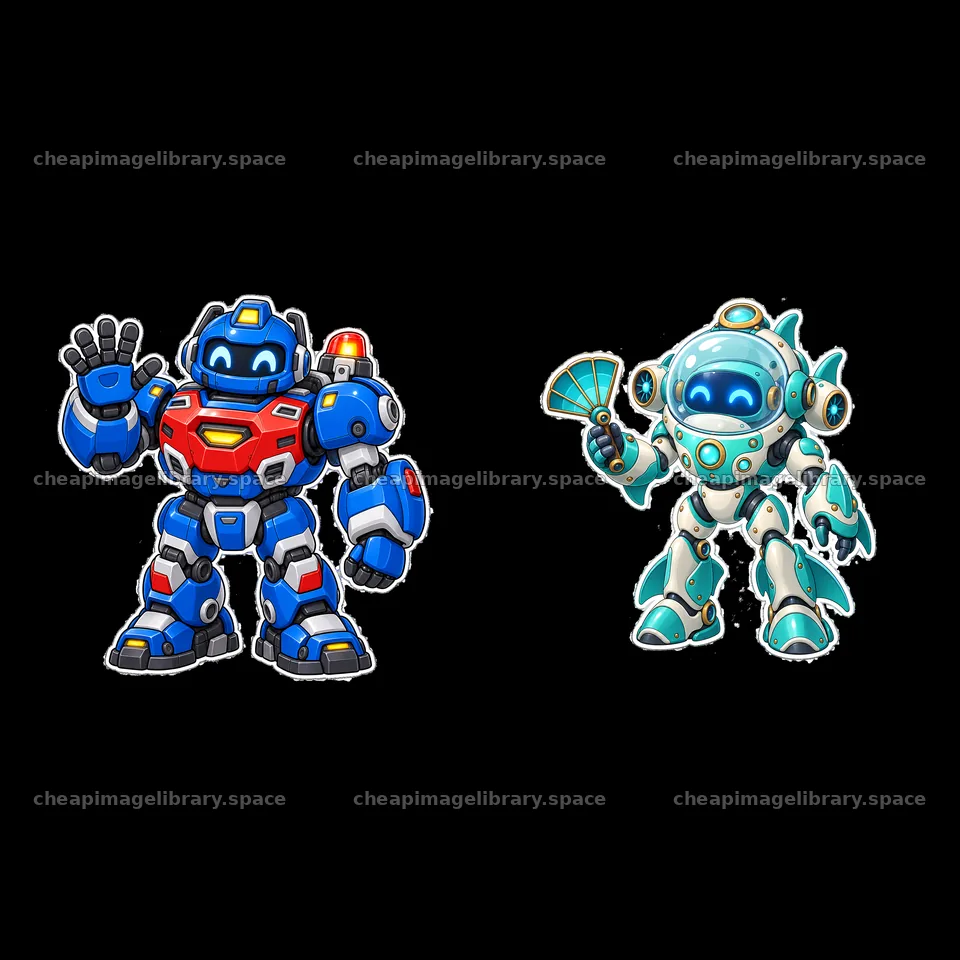 Two mech robots waving and holding a fan – image library 7746x7746