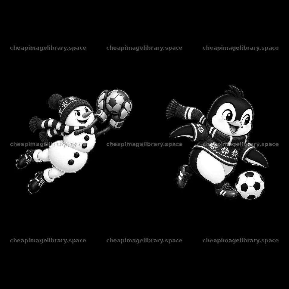 Snowman and penguin playing soccer in Christmas theme – image library 7746x7746