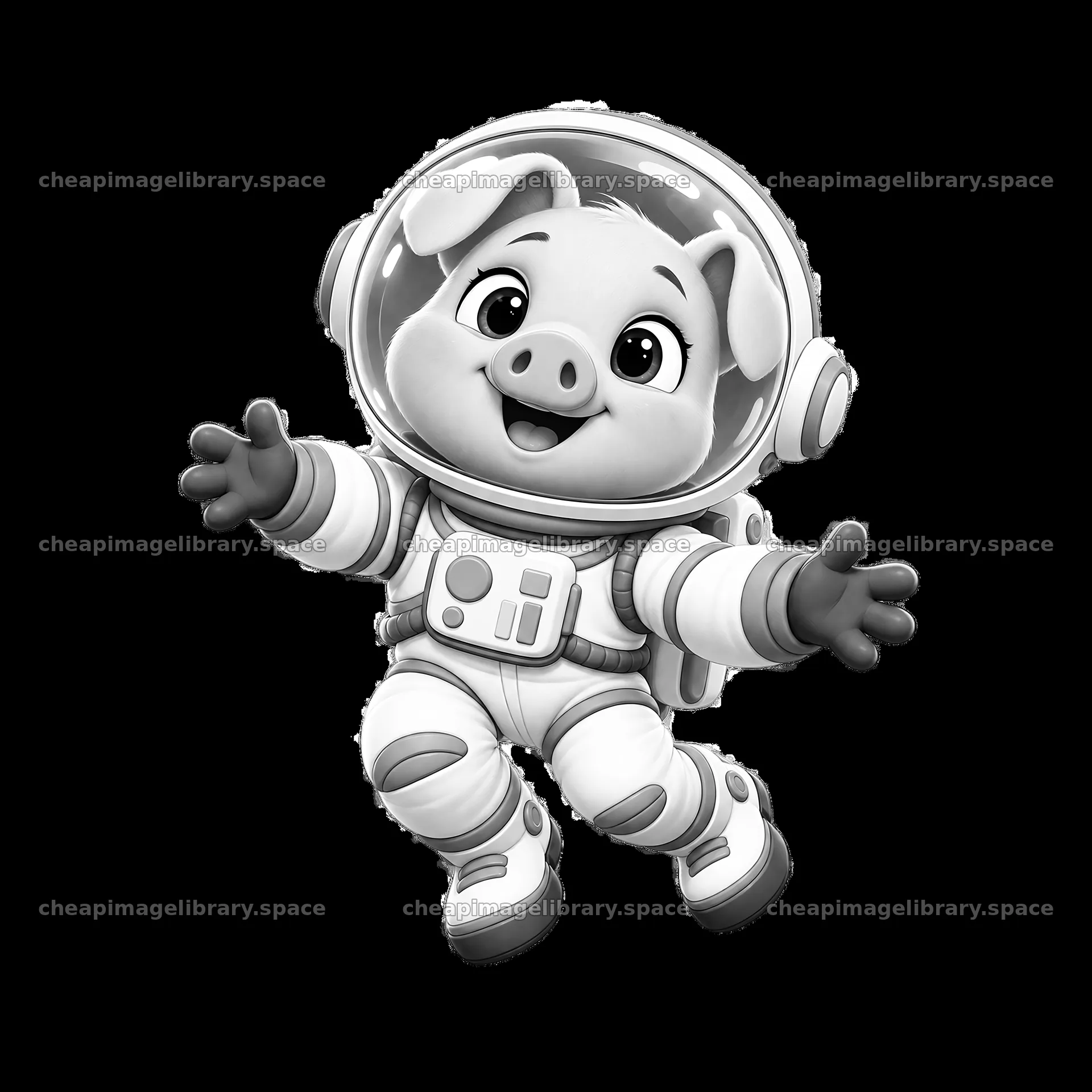 Happy pig astronaut floating in space with outstretched arms – image library 7746x7746