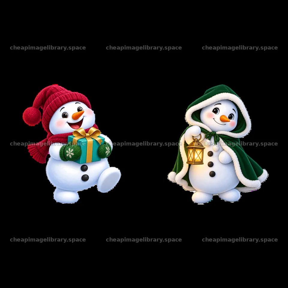 Two cartoon snowmen celebrating Christmas with gifts and lanterns – image library 7746x7746