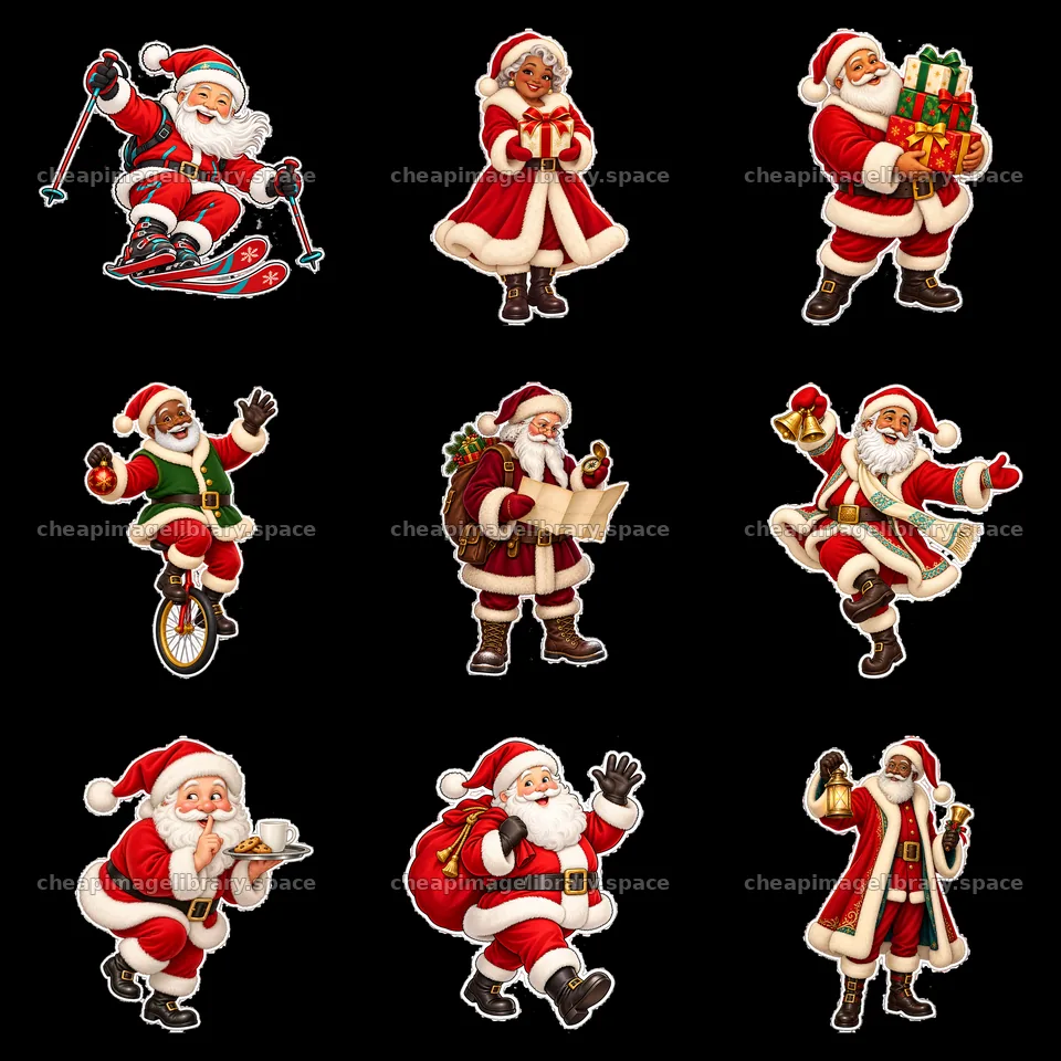 Santa Claus performing various activities in a 3x3 grid layout – image library 7746x7746