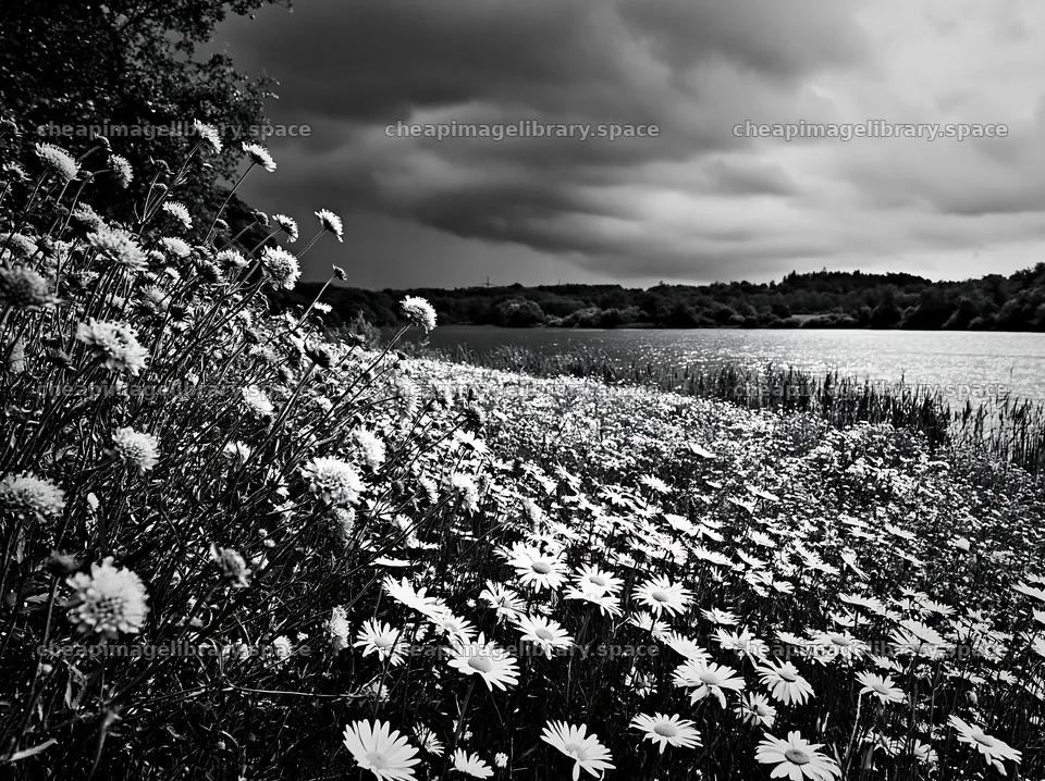 Lakeside meadow with flowers near a body of water in Germany – image library 9174x6866