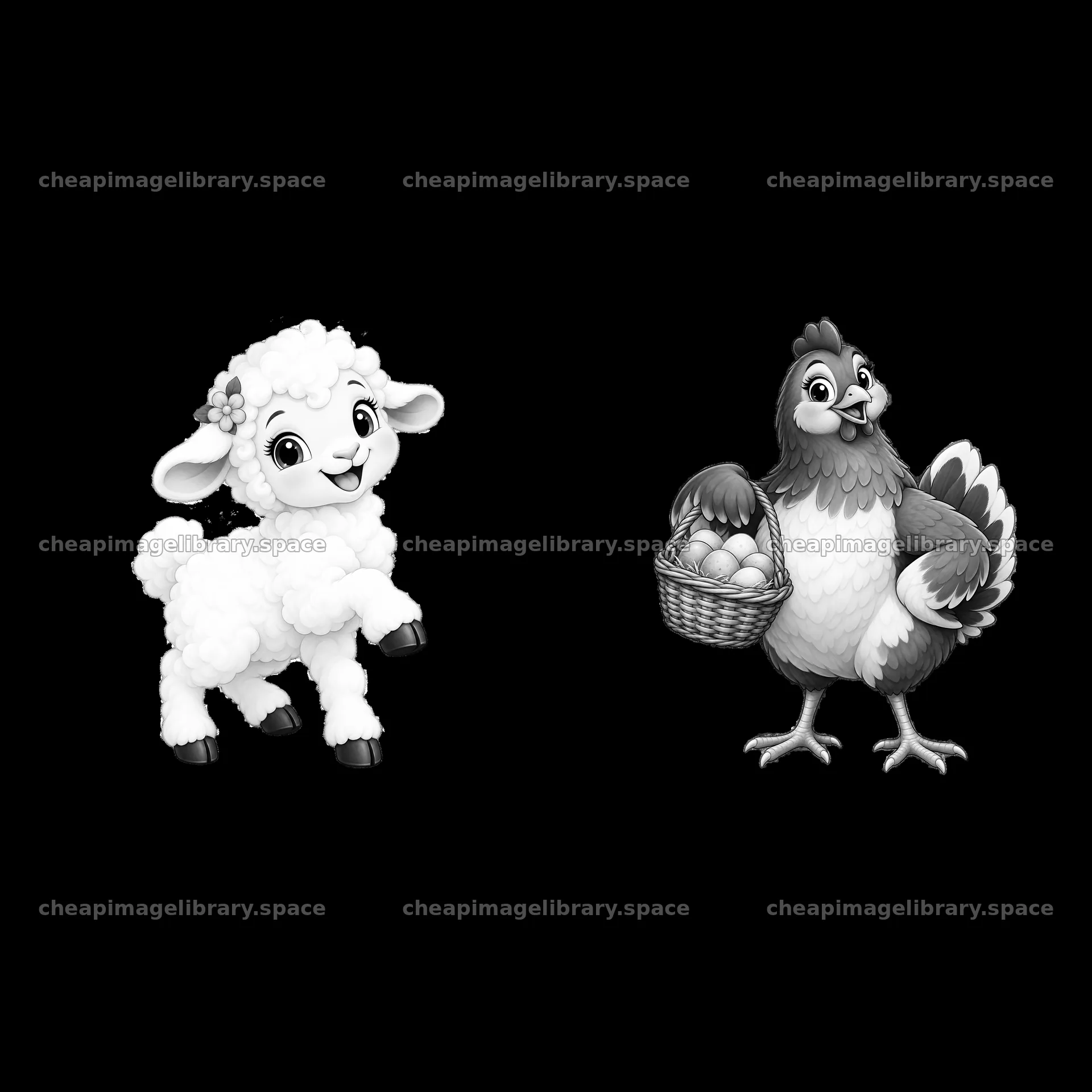 Cartoon sheep and chicken holding basket of eggs on a farm – image library 7746x7746