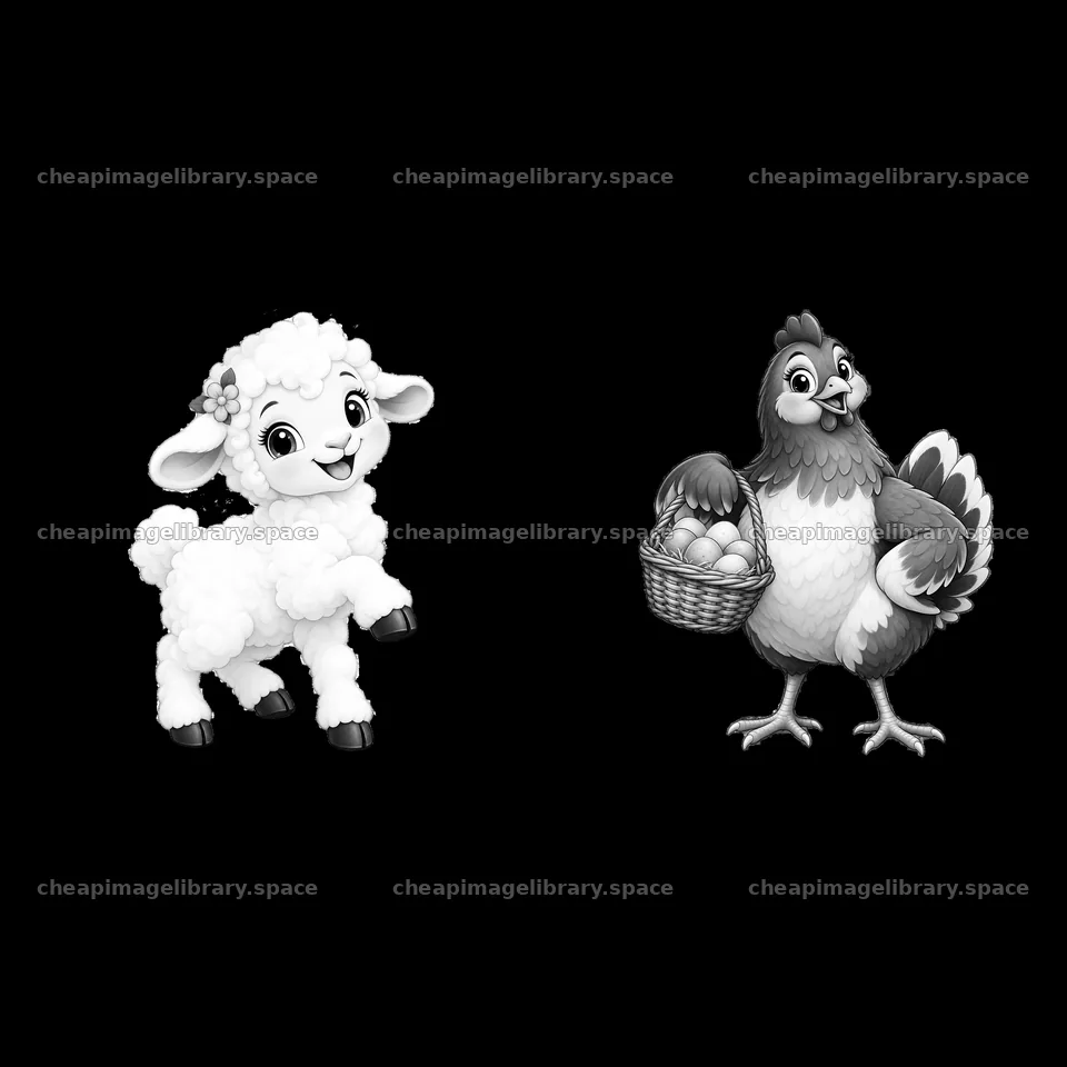 Cartoon sheep and chicken holding basket of eggs on a farm – image library 7746x7746