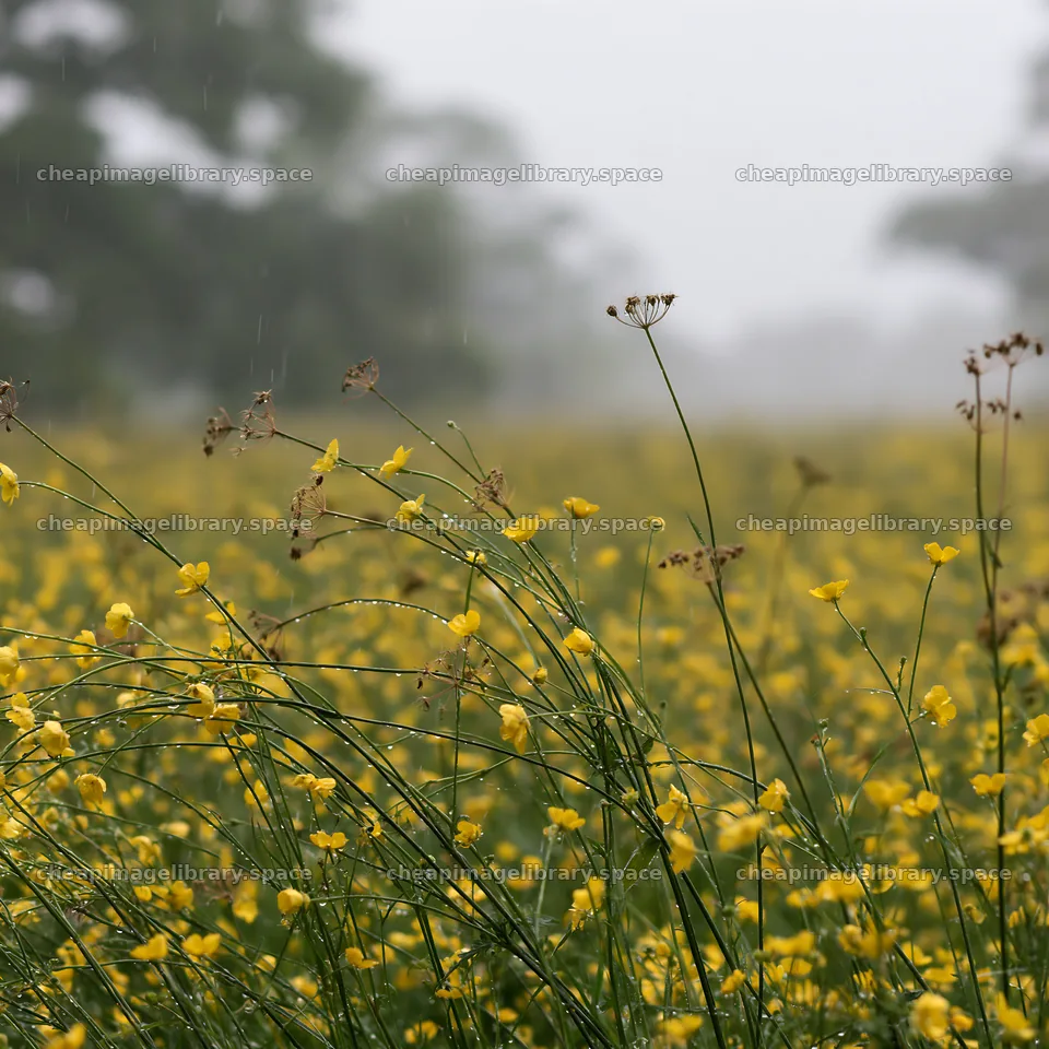 Buttercup meadow in rain during spring season – image library 7938x7938