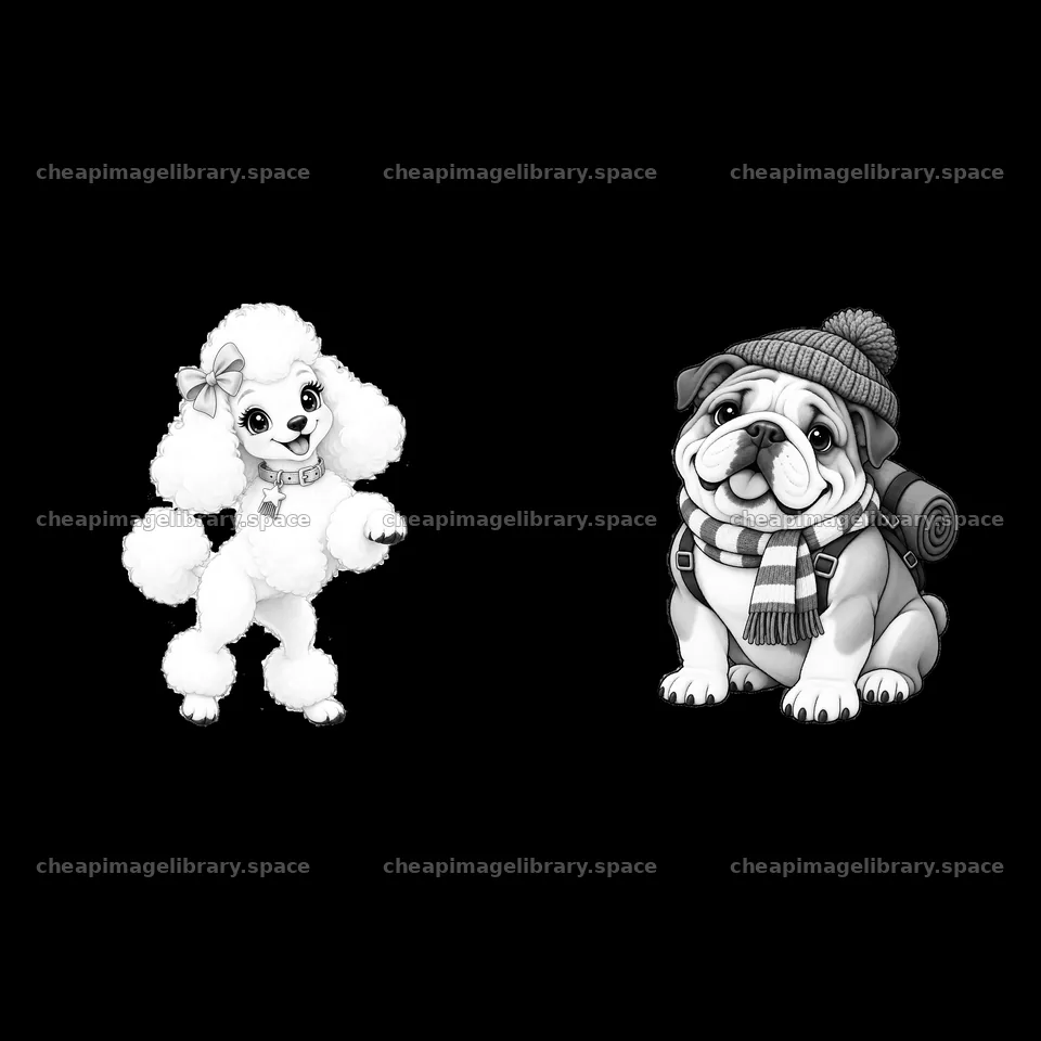 Cartoon K-9 dogs, one dancing and one sitting with accessories – image library 7746x7746