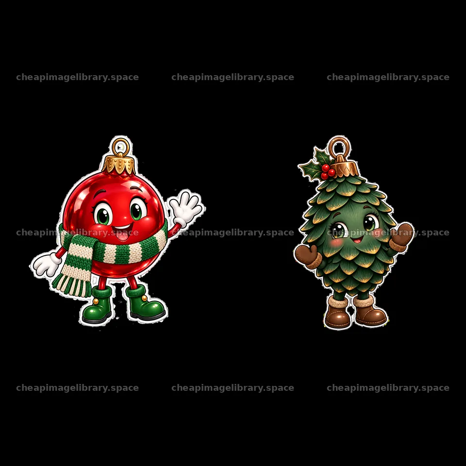 Cheerful cartoon Christmas ornaments with scarf and pinecone design – image library 7746x7746