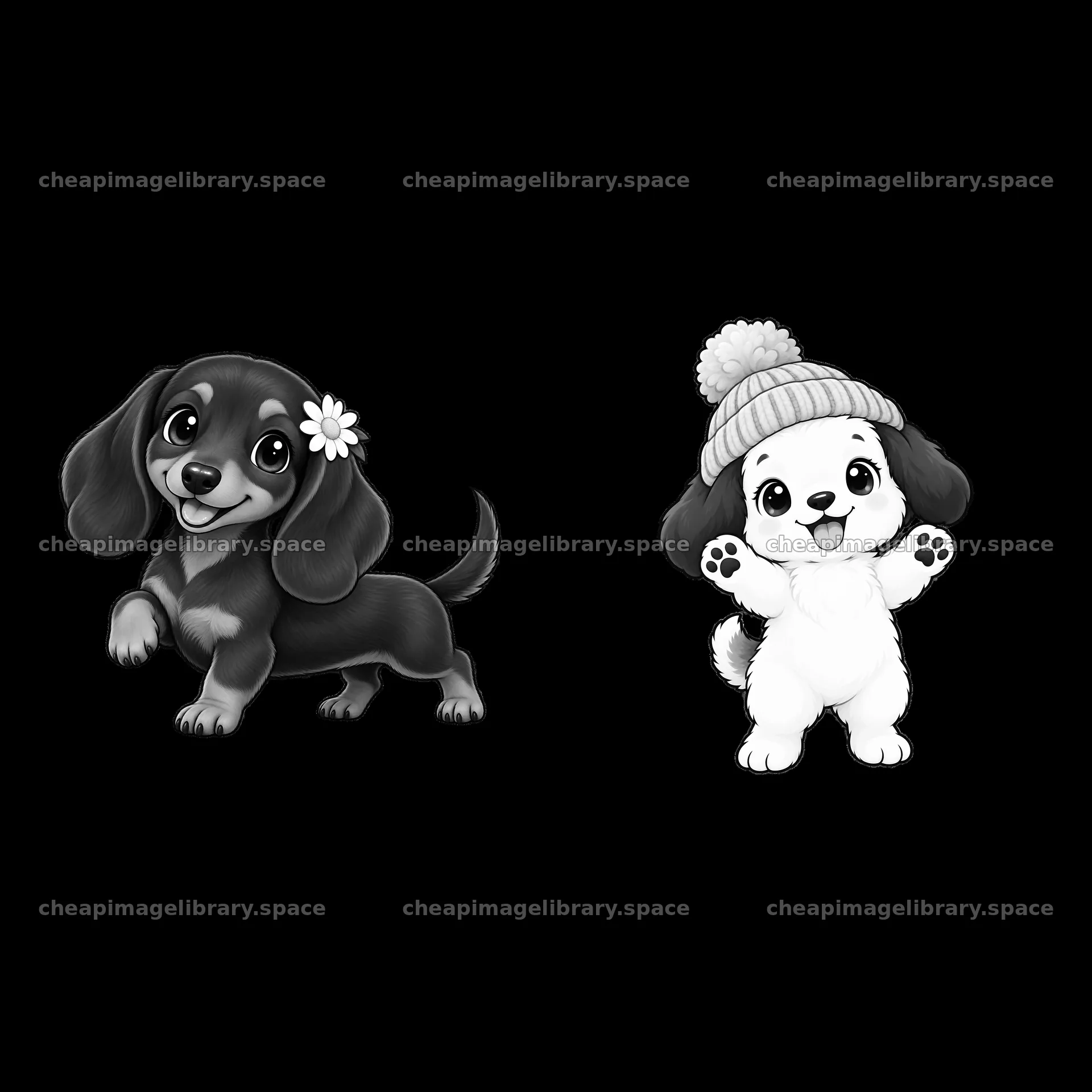 Cute cartoon dogs with playful expressions in black and white – image library 7746x7746