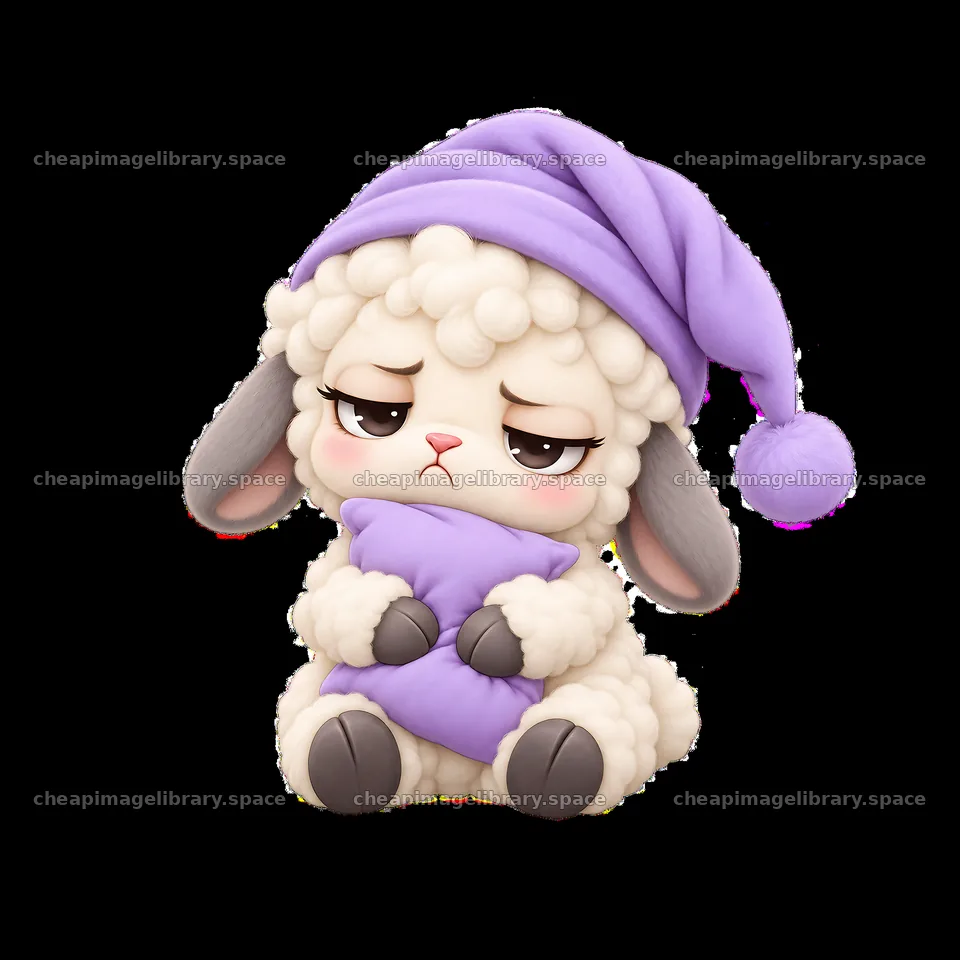Kawaii grumpy sheep holding a purple pillow in a pajama hat – image library 7746x7746