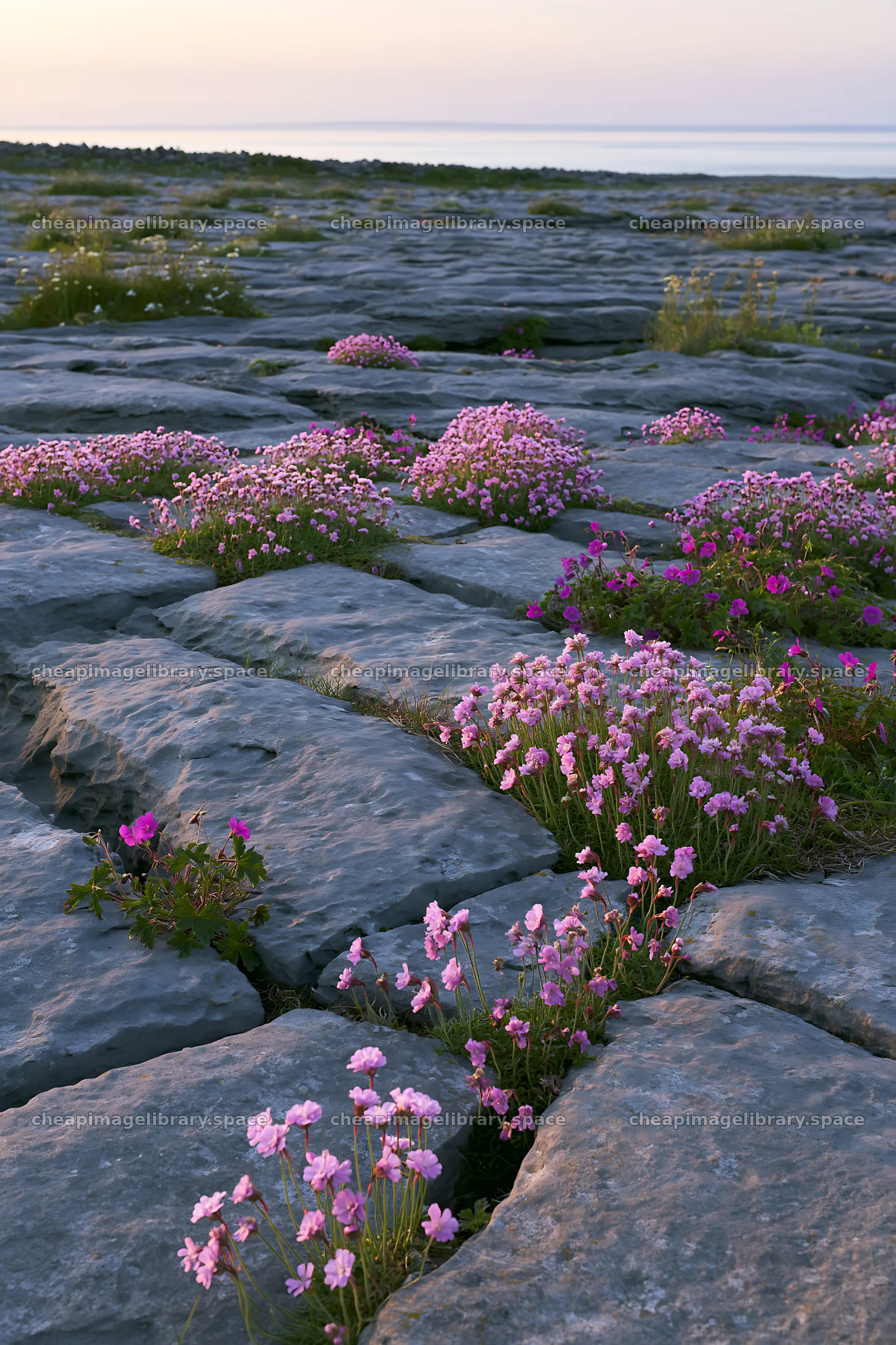 Meadow with campion flowers on rocky ground near the coast – image library 6480x9722