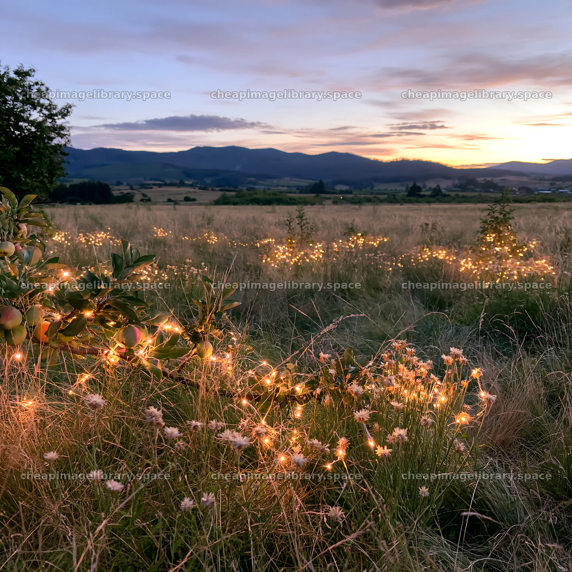 Christmas lights in meadow with apple trees at sunset – image library 7938x7938