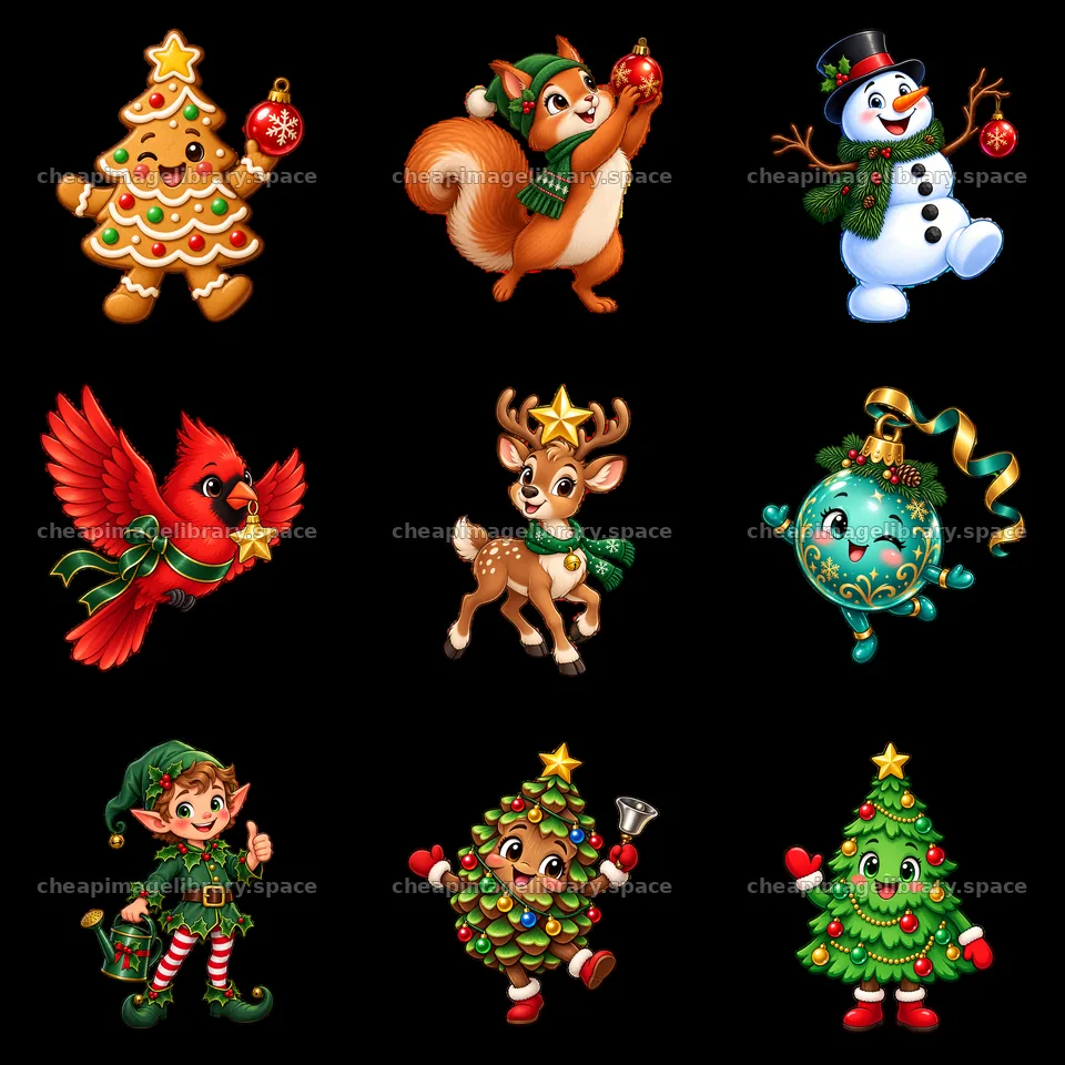 Christmas tree characters with festive animals and decorations – image library 7746x7746