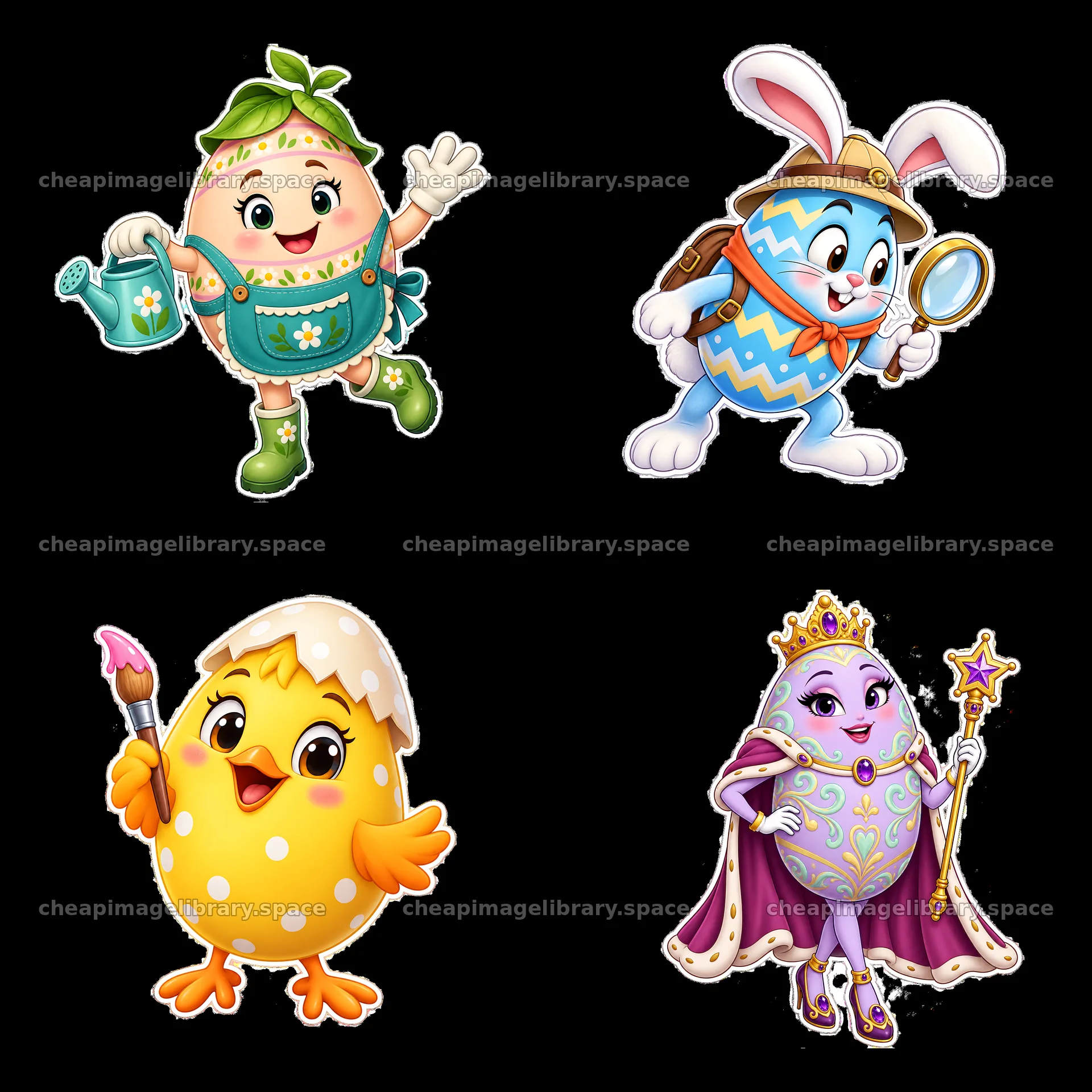 Easter characters with decorated eggs in cheerful poses – image library 7746x7746