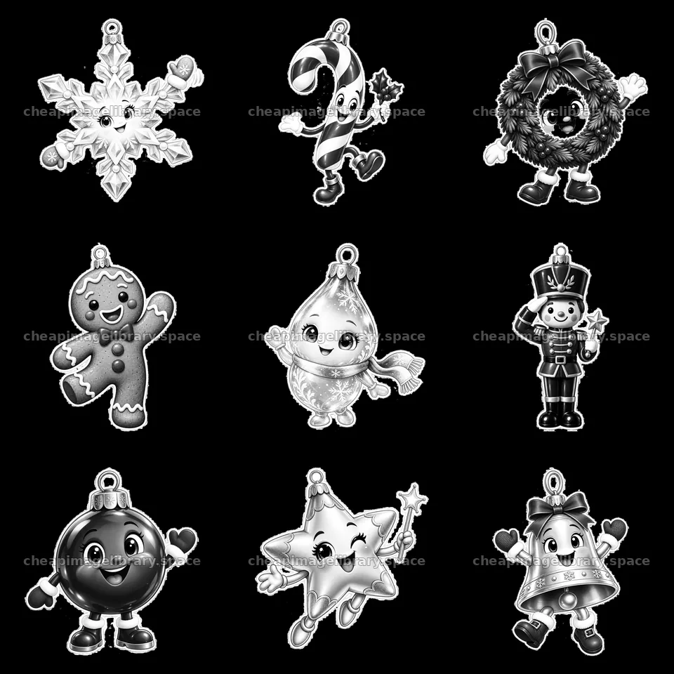 Monochrome cartoon Christmas ornaments in a 3x3 grid – image library 7746x7746
