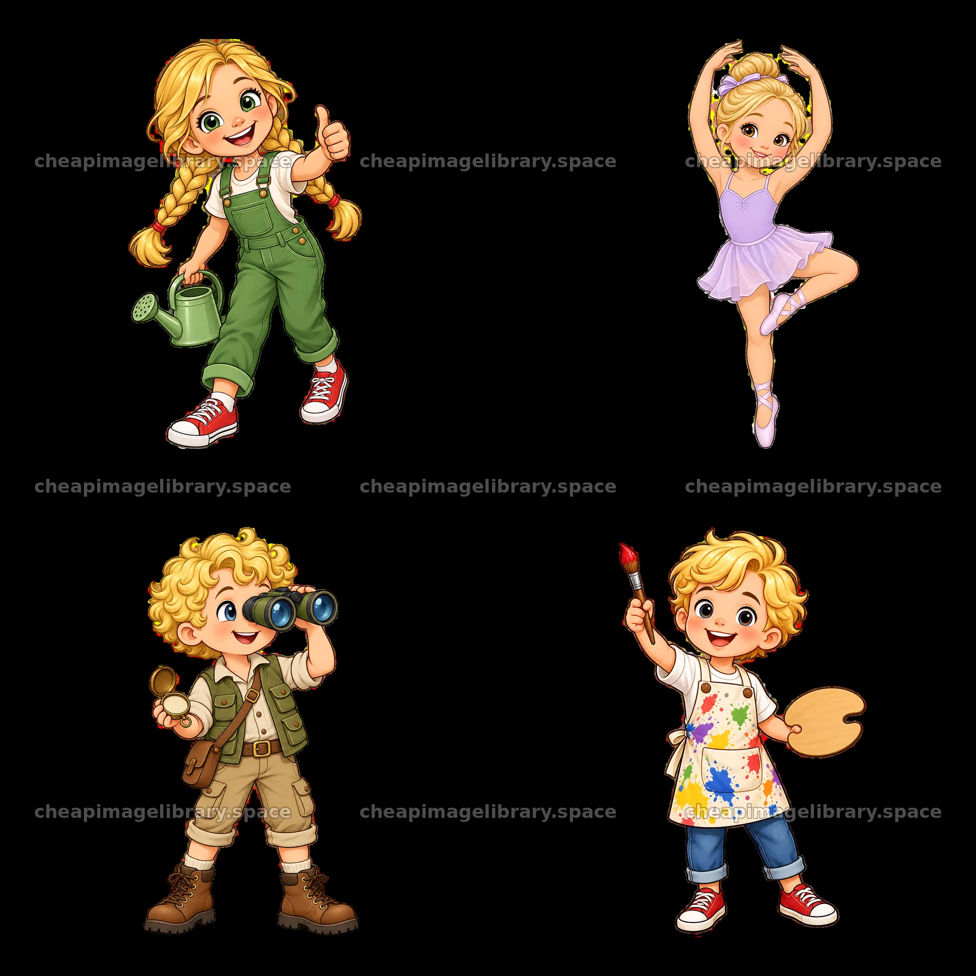 Blond child sticker set with outdoor, dancing, and art themes – image library 7746x7746