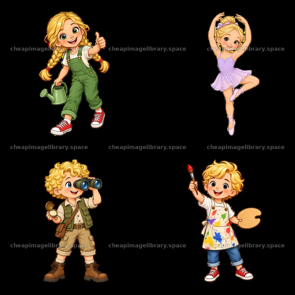 Blond child sticker set with outdoor, dancing, and art themes – image library 7746x7746