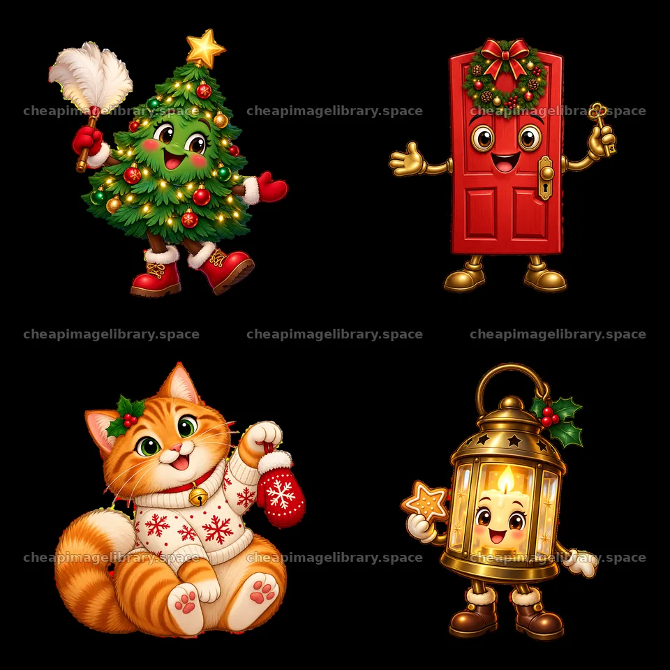 Christmas house characters with cat, tree, door, and lantern – image library 7746x7746