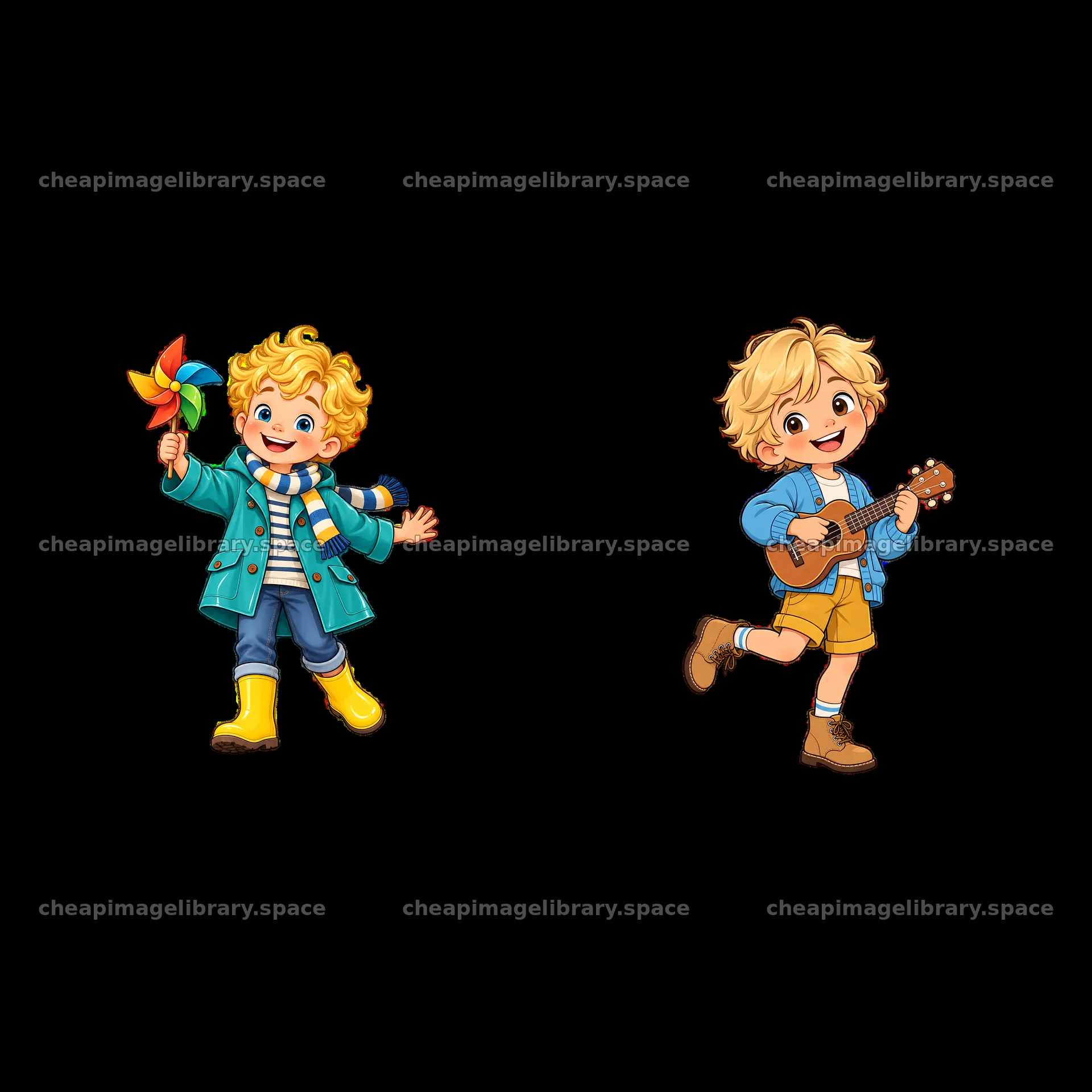Blond children playing with a pinwheel and a guitar – image library 7746x7746
