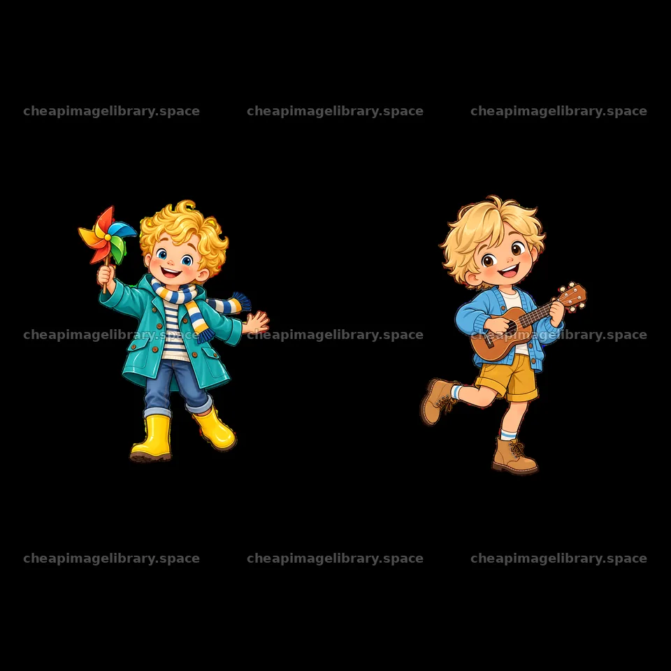 Blond children playing with a pinwheel and a guitar – image library 7746x7746