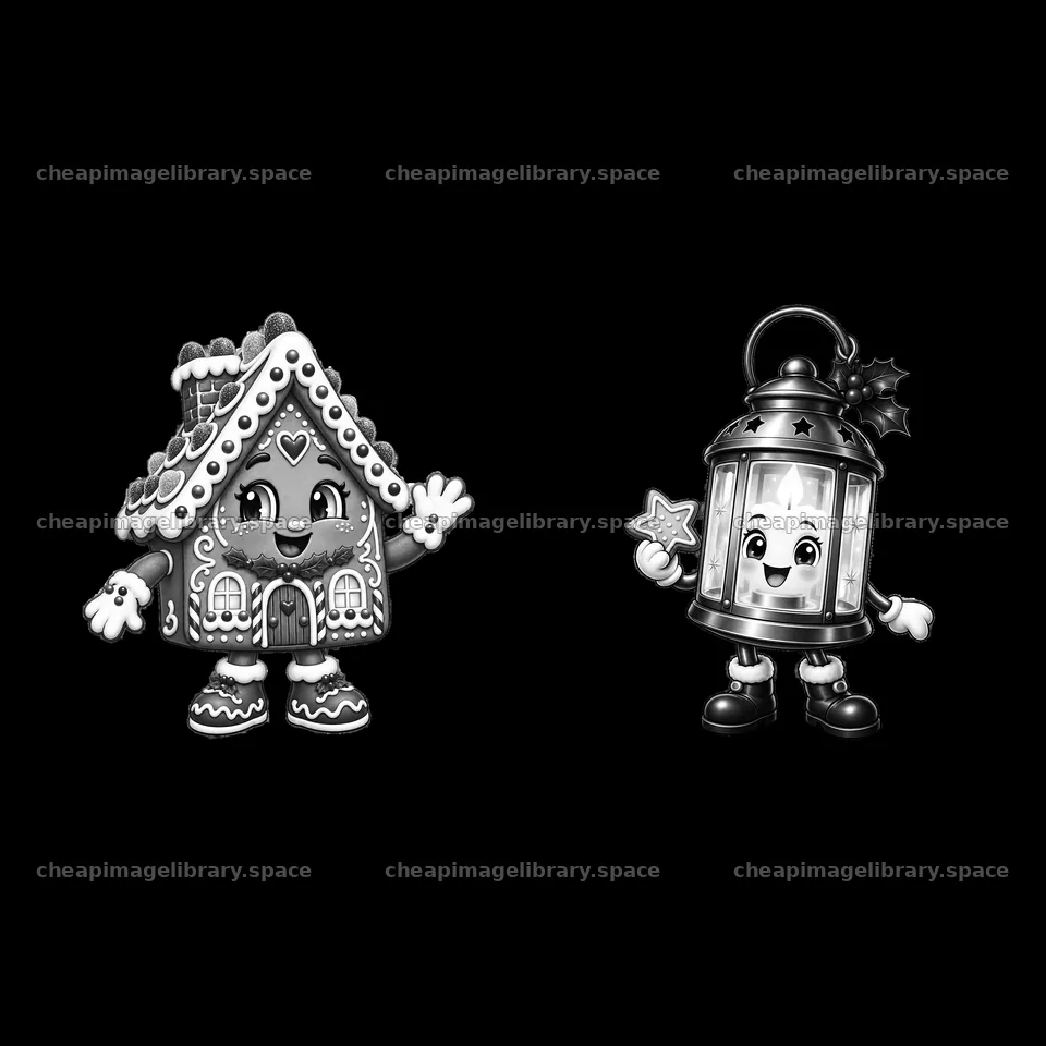Christmas house and lantern character stickers in black and white – image library 7746x7746