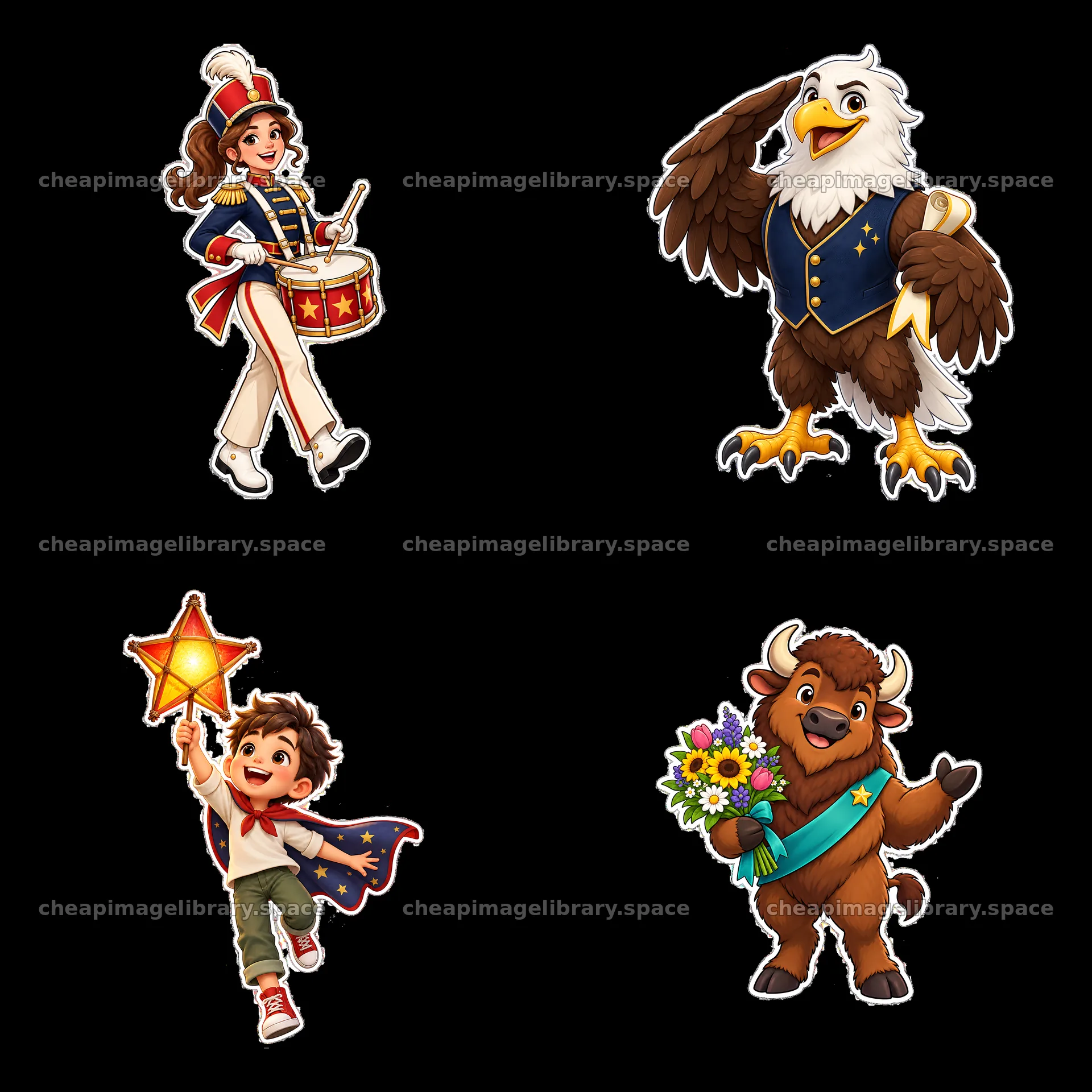 Patriot-themed cartoon stickers featuring children and animals – image library 7746x7746