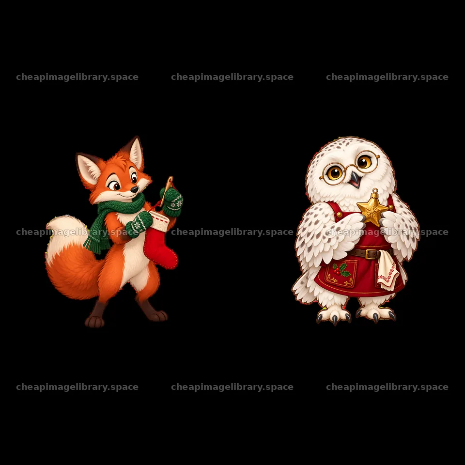 Fox with Christmas stocking and owl holding star decoration – image library 7746x7746