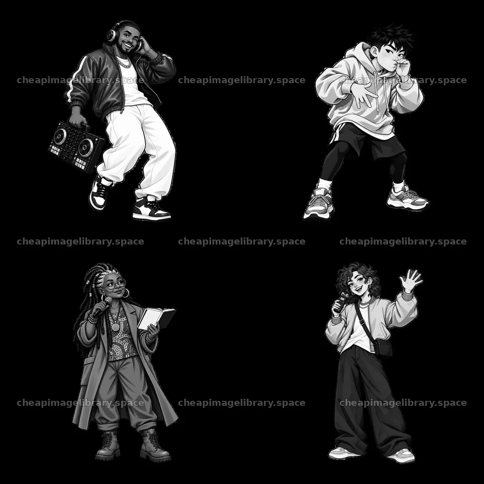 Hip-hop artists in monochrome cartoon sticker design set – image library 7746x7746
