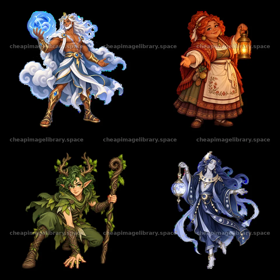 Pagan gods and goddesses cartoon stickers set in four quadrants – image library 7746x7746