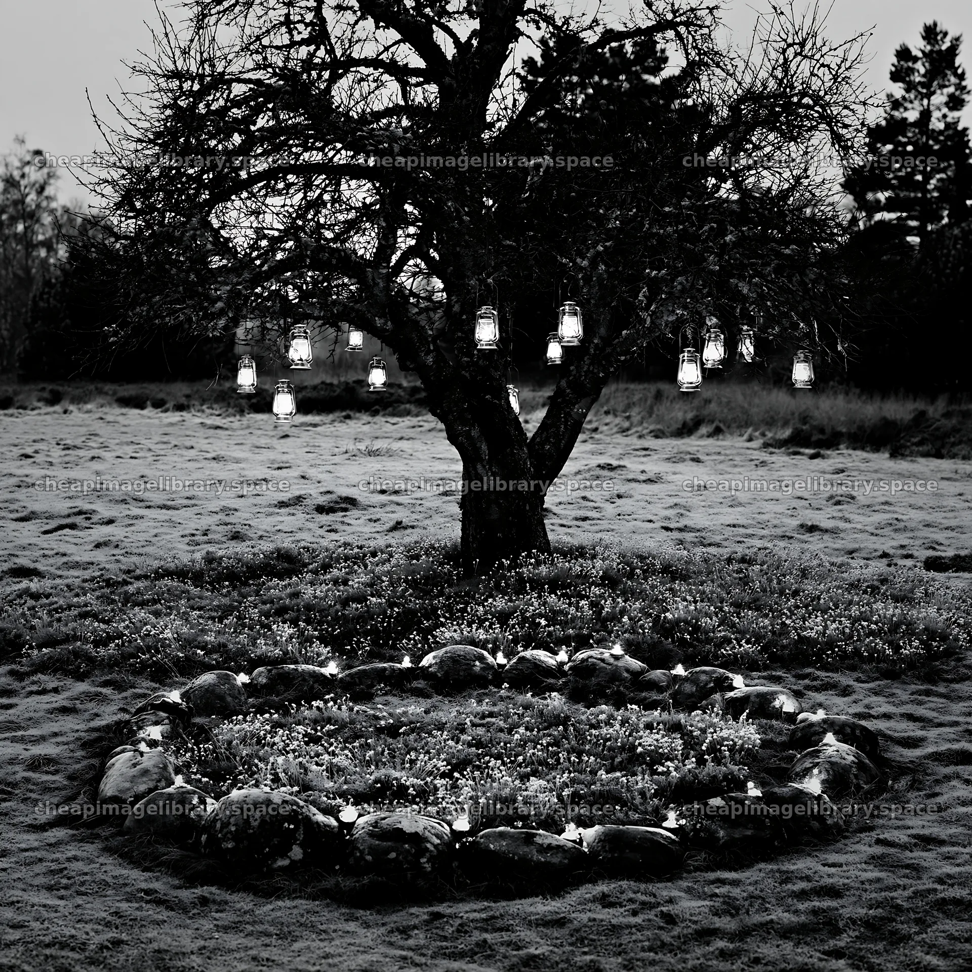 Christmas apple tree with lanterns in a meadow – image library 7938x7938