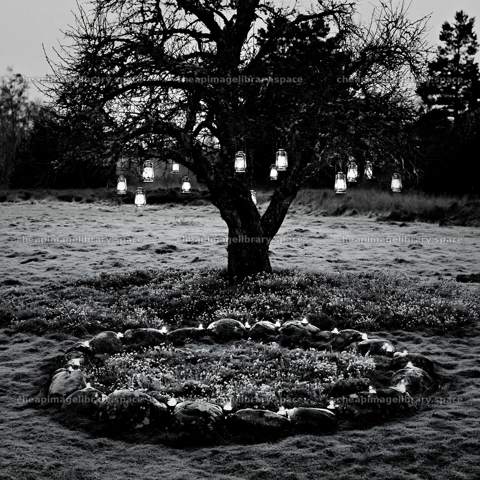 Christmas apple tree with lanterns in a meadow – image library 7938x7938