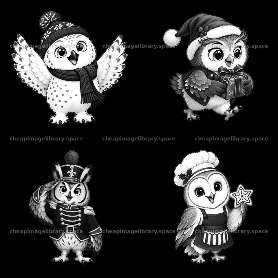 Christmas owl cartoon stickers featuring festive activities – image library 7746x7746