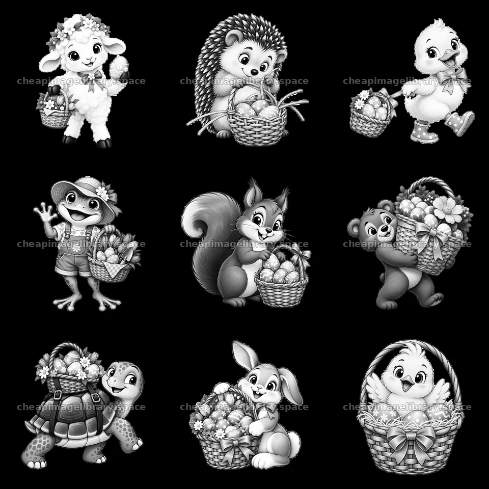 Easter basket cartoon animals with baskets and eggs in – image library 7746x7746
