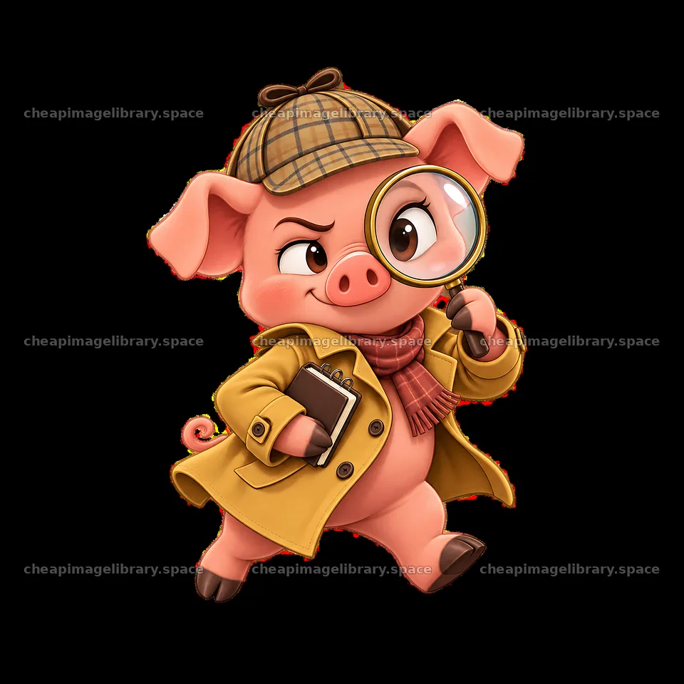 Detective pig character holding a magnifying glass and notebook – image library 7746x7746