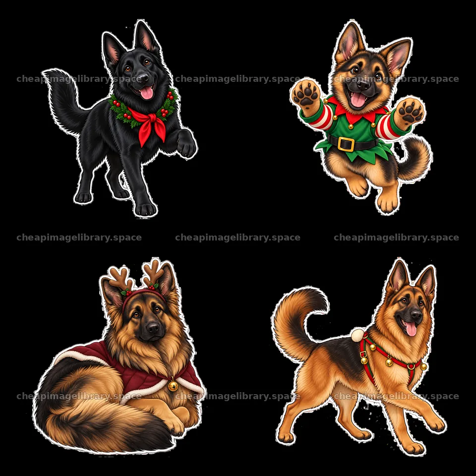 Christmas German Shepherds in festive poses and outfits – image library 7746x7746